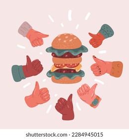 Cartoon vector illustration of cheese burger and thumbs up around