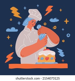 Cartoon vector illustration of Chef with cake over dark backround.