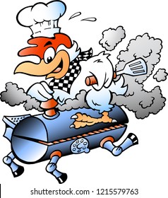 Cartoon Vector illustration of an Chef Chicken riding a BBQ grill barrel