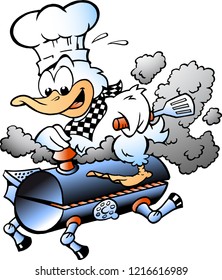 Cartoon Vector illustration of an Chef Duck riding a BBQ grill barrel