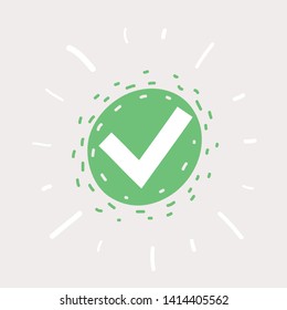 Cartoon vector illustration of chek mark. Done hand drawn icon on white.