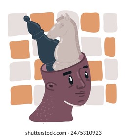 Cartoon vector illustration of Chess pieces inside head. Business strategy concept.