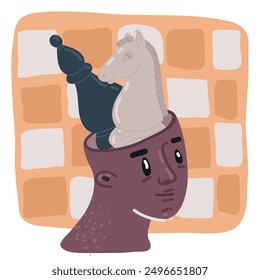 Ilustración vectorial de dibujos animados de piezas de ajedrez dentro de la cabeza. Estrategia empresarial.