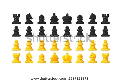 Cartoon vector illustration of chess pieces in black and gold with various shapes isolated on white background. Chess game figure elements for online game, icon, clipart, print etc.