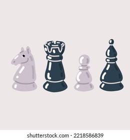 Cartoon vector illustration of Chess set. Knight, Rook, Pawn, Bishop
