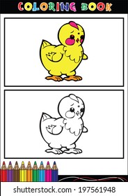 cartoon vector illustration of a chick. With Coloring Book.