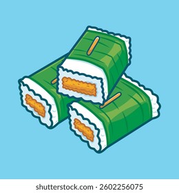 Cartoon vector illustration of chicken lemper is a traditional Indonesian food consisting of sticky rice wrapped in banana leaves with chicken filling.