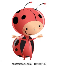 Cartoon vector illustration of child in funny red lady bug suit with antennas and black dots pattern