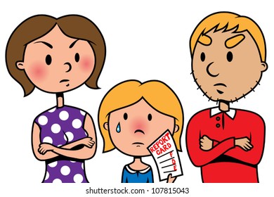 Cartoon Vector Illustration Of Child Holding Bad School Report Card An Angry Parents