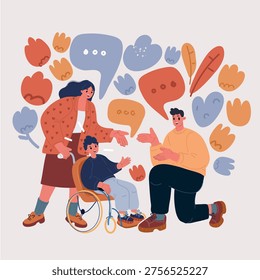 Cartoon vector illustration of Child on wheelchair together with his family. Sports activities for disabled people inclusion. Boy with disability on wheel chair.
