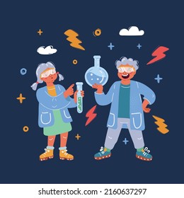 Cartoon vector illustration of Child scientist over dark background.