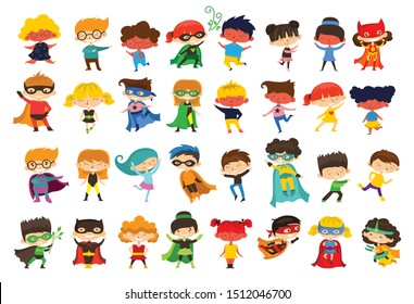 Cartoon vector illustration of Children amd Kids Superheroes wearing comics costumes isolated on the white background in the flat style