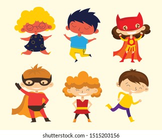 Cartoon vector illustration of Children amd Kids Superheroes wearing comics costumes isolated on the white background in the flat style