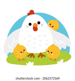 Ilustración vectorial de dibujos animados para niños, personajes de dibujos animados pollo y pollitos pequeños