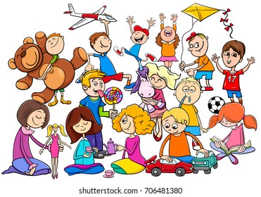 Cartoon Vector Illustration of Children Characters Group Playing with Toys