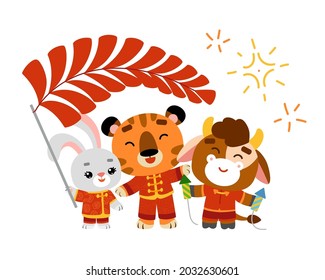 Cartoon vector illustration for children, Chinese New Year. Tiger, Ox, Rabbit with decorations