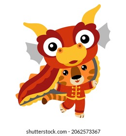 Cartoon vector illustration for children, Chinese new year character tiger in dragon costume