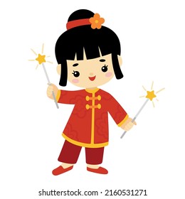 Cartoon Vector Illustration For Children, Chinese New Year Character Girl And Sparklers