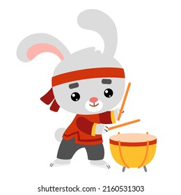 Cartoon vector illustration for children, Chinese new year character rabbit and drum Tanggu