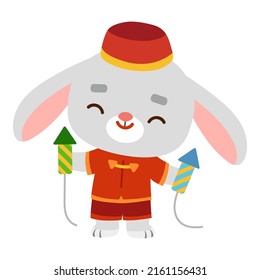 Cartoon vector illustration for children, Chinese new year character rabbit and fireworks