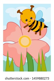 Cartoon vector illustration for children, colorful poster. Flower meadow. The bee on the flower.