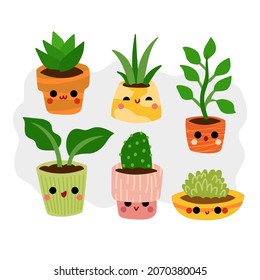 Cartoon vector illustration for children, Cute houseplants in a pots