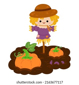 Cartoon vector illustration for children, Cute scarecrow and pumpkin patch