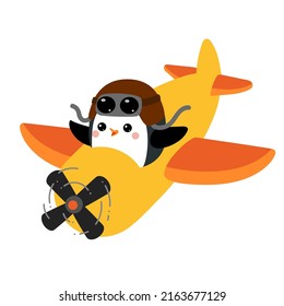Cartoon vector illustration for children, Cute penguin pilot is flying on an airplane