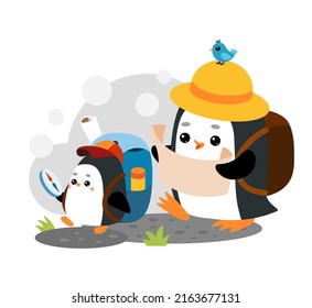 Cartoon vector illustration for children, Cute Penguins travelers go hiking with backpacks