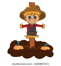 Cartoon vector illustration for children, Cute scarecrow and pumpkin patch.