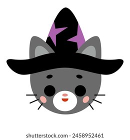 Cartoon vector illustration for children, Cute cat with wizard hat. Halloween collection