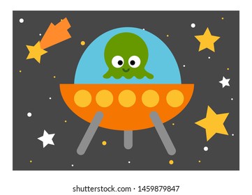 Cartoon vector illustration for children. Educational poster about space. Alien in a flying saucer
