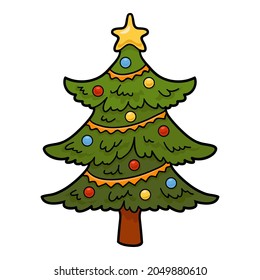 Cartoon vector illustration for children. Isolated Christmas tree with toys and garland