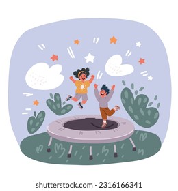 Cartoon vector illustration of Children are Jumping On Trampoline. Happy Girls And Boy are Jumping Together On Trampoline. Happy Child Playing Trampoline.
