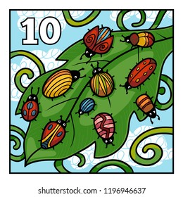 Cartoon vector illustration for children. Learn to count with animals, ten bugs