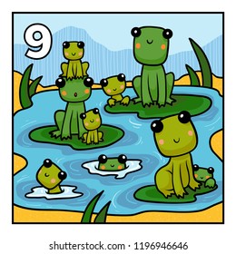 Cartoon vector illustration for children. Learn to count with animals, nine frogs