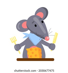 Cartoon vector illustration for children, a mouse eats cheese. isolated on a white background.