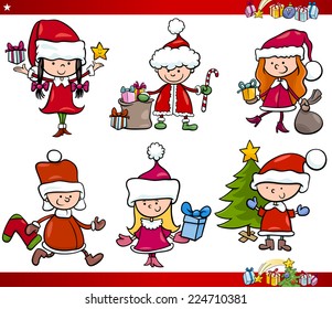 Cartoon Vector Illustration of Children in Santa Claus Costumes with Presents and other Christmas Themes Set