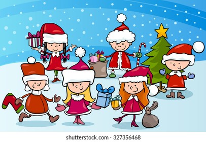 Cartoon Vector Illustration of Children as Santa Claus on Christmas Time