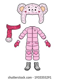 Cartoon vector illustration for children. Set of winter clothes - boots, mitten, ski jumpsuit, hat, scarf for girl