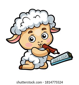 Cartoon vector illustration for children, Sheep writer with a pencil and a notebook