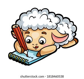Cartoon vector illustration for children, Sheep writer with a pencil and a notebook
