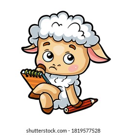 Cartoon vector illustration for children, Sheep writer with a pencil and a notebook