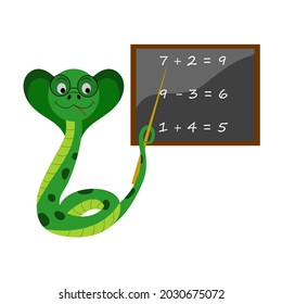 Cartoon vector illustration for children, a snake teaches at school. isolated on a white background.