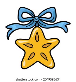 Cartoon vector illustration for children, star with a bow. Isolated Christmas tree toy