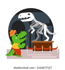 Cartoon vector illustration for children, Surprised crocodile in the museum of paleontology near the dinosaur skeleton