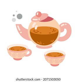 Cartoon vector illustration for children, Cartoon illustration teapot and two cups