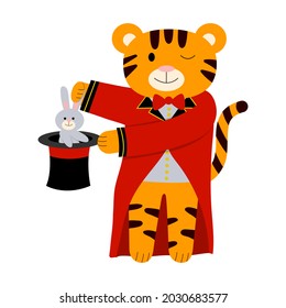 Cartoon vector illustration for children, tiger magicia. isolated on a white background.