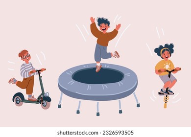 Cartoon vector illustration of children's activity in the kinder garden. Boy and girl jump on trampoline, jumpen stick and kick scooter.
