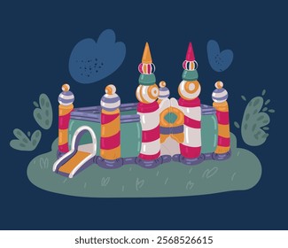 Cartoon vector illustration of children's bounce house over dark background